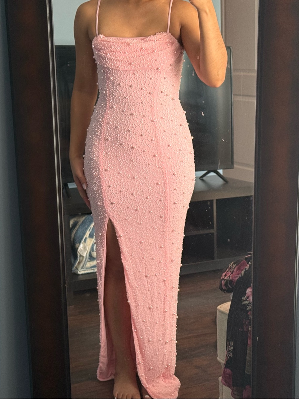 Windsor Pink Beaded Maxi Slip Dress with Side Slit